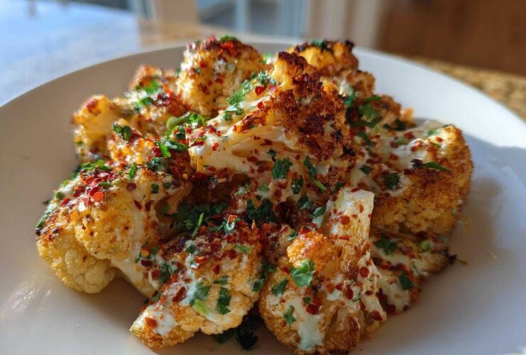 Close-up of roasted Cauliflower Elote florets topped with a creamy white sauce, fresh cilantro, and red chili flakes.