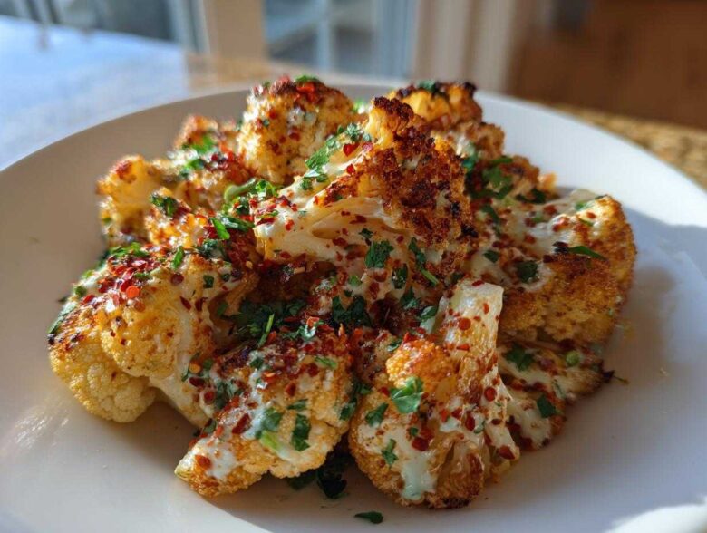 Close-up of roasted Cauliflower Elote florets topped with a creamy white sauce, fresh cilantro, and red chili flakes.