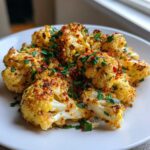 Roasted florets of Cauliflower Elote seasoned with chili flakes and fresh cilantro on a white plate.