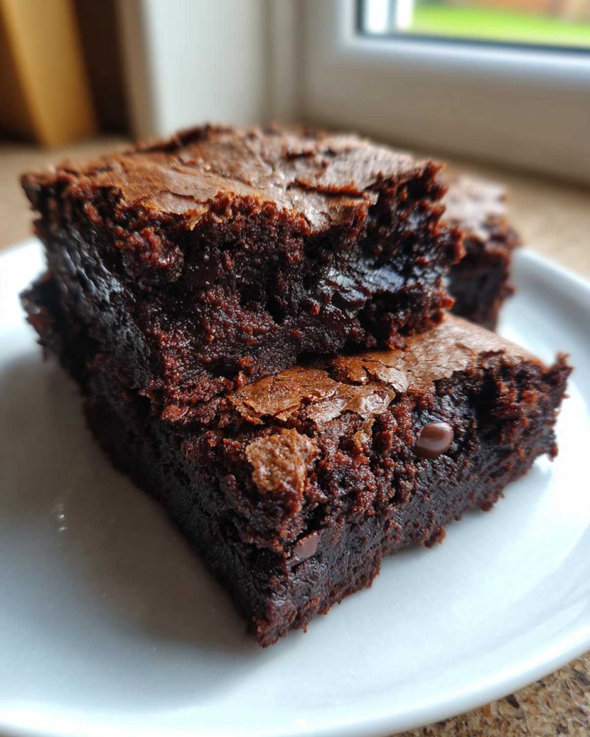 Two stacked squares of rich, dark Chewy Fudgy Brownies showing a cracked, shiny top and dense interior.