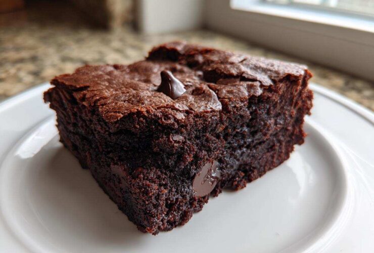 A thick, dark square of Chewy Fudgy Brownies with a shiny, cracked top and visible chocolate chips.