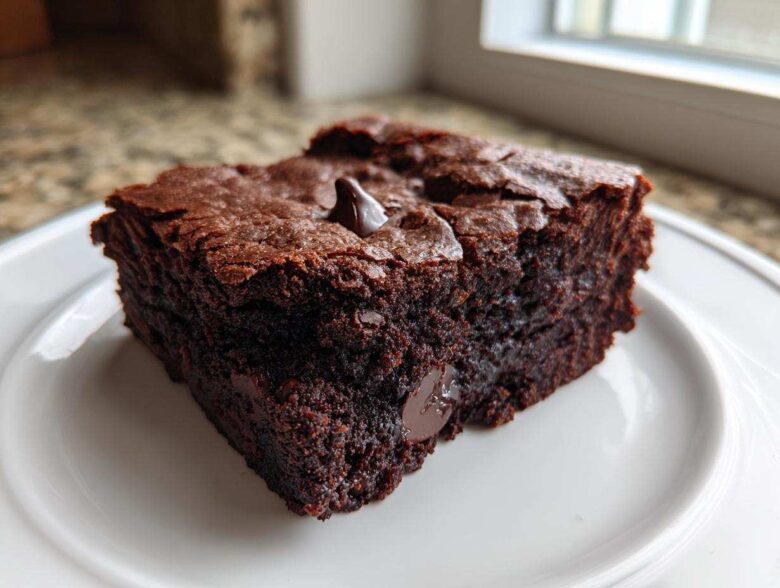A thick, dark square of Chewy Fudgy Brownies with a shiny, cracked top and visible chocolate chips.