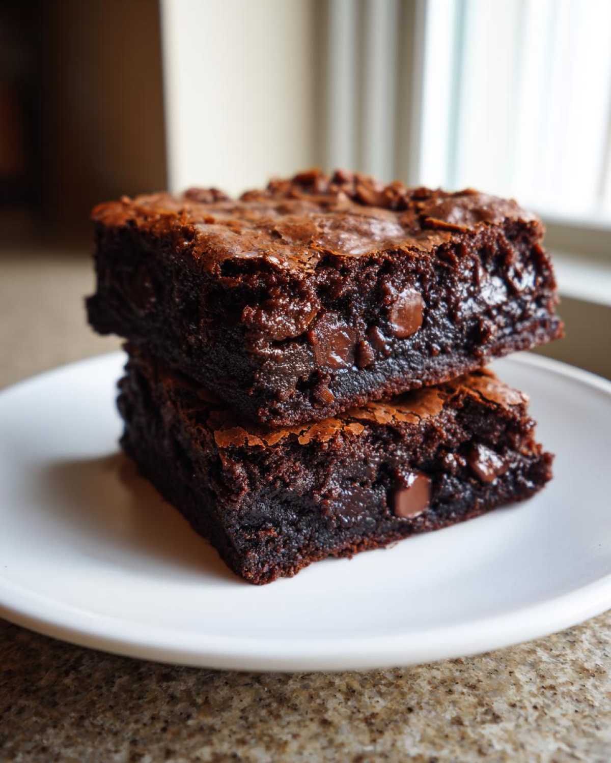 Two stacked squares of rich, dark Chewy Fudgy Brownies featuring a crackly top and visible melted chocolate chips.
