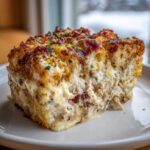 Close-up of a creamy slice of Chicken Bacon Ranch Tater Tot Casserole with a crispy, browned topping.