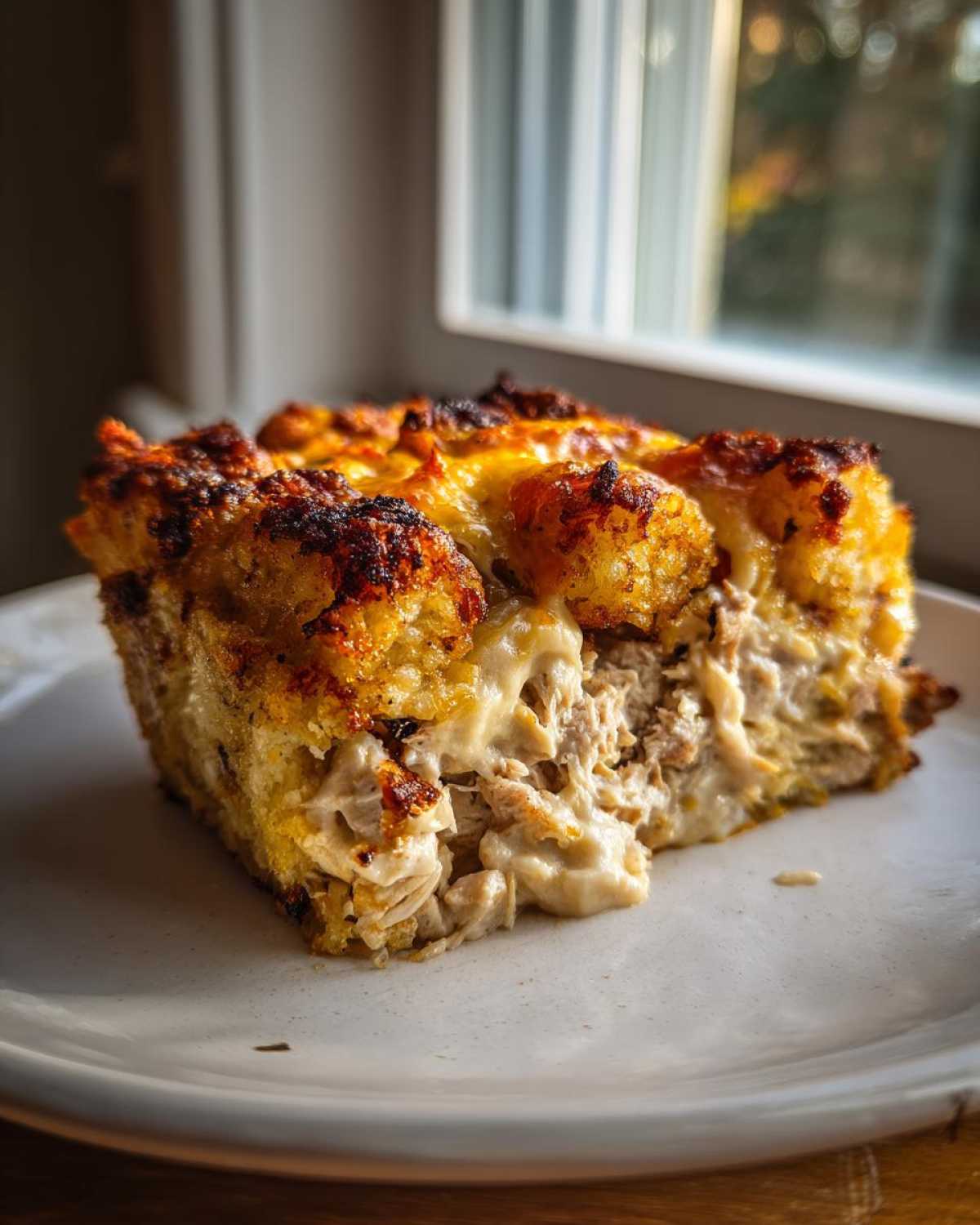 A close-up slice of creamy Chicken Bacon Ranch Tater Tot Casserole with a crispy, browned top.