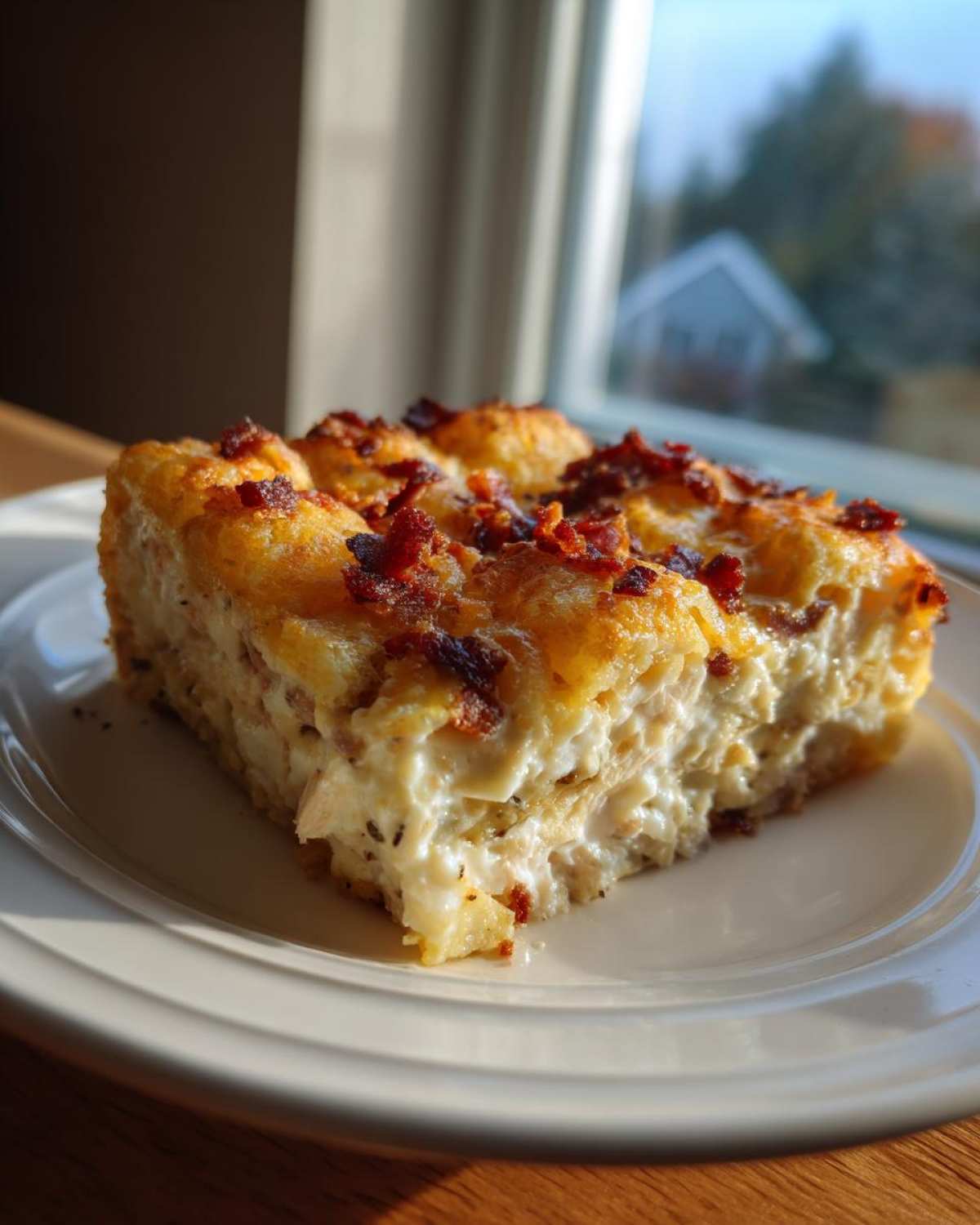 A thick, creamy slice of Chicken Bacon Ranch Tater Tot Casserole topped with melted cheese and crispy bacon bits.