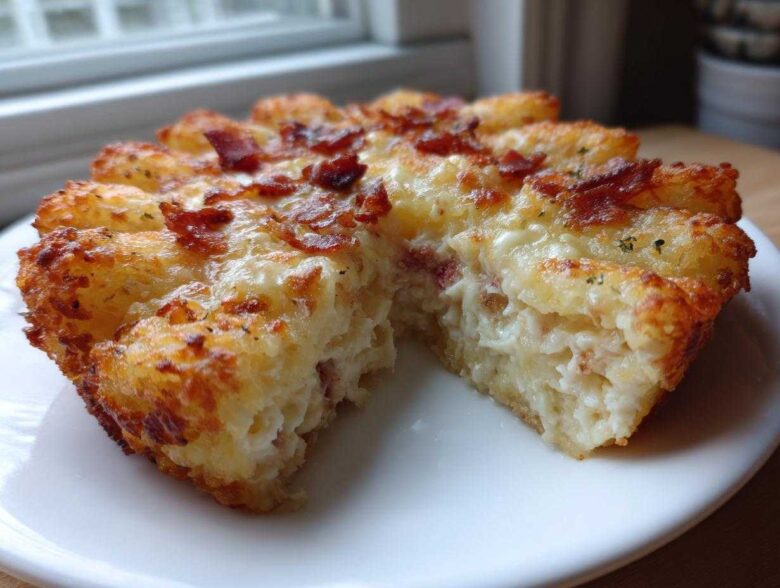 A close-up of a baked portion of Chicken Bacon Ranch Tater Tot Casserole, showing a crispy tater tot crust and creamy filling.