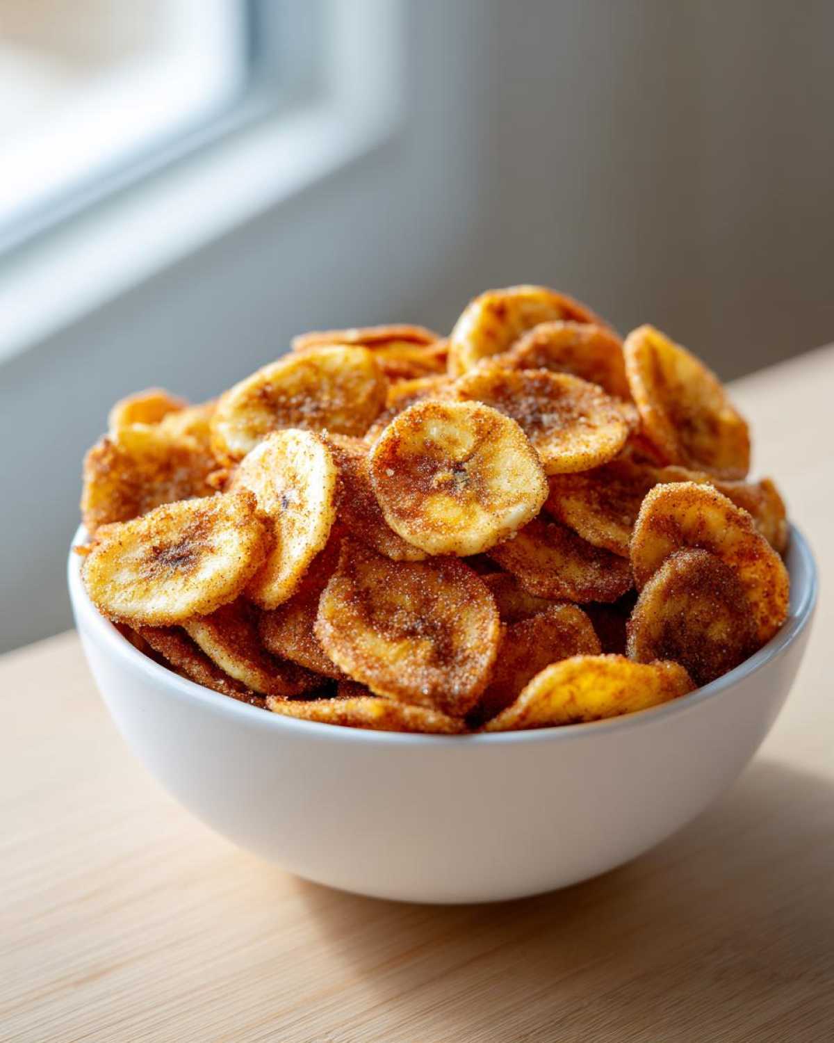 A white bowl overflowing with crispy Cinnamon Sugar Air Fryer Banana Chips, coated in brown sugar and spice.