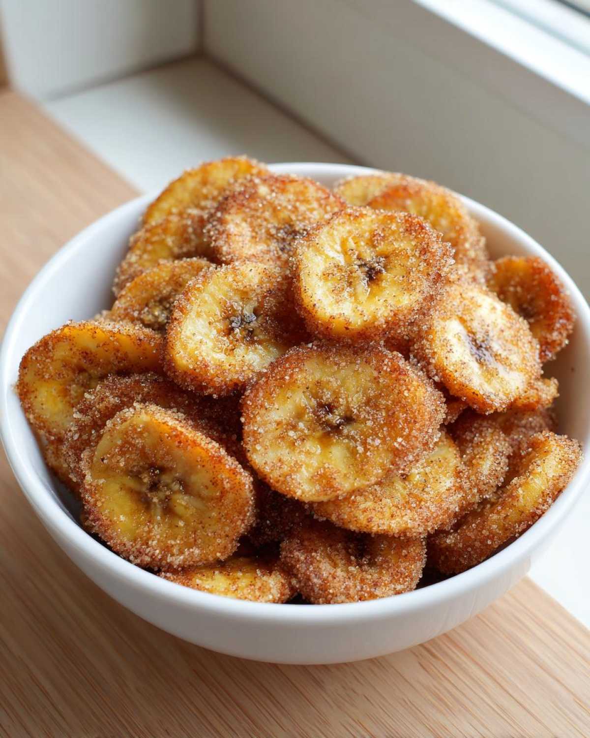 A white bowl filled with crispy Cinnamon Sugar Air Fryer Banana Chips, coated in visible sugar and spice.