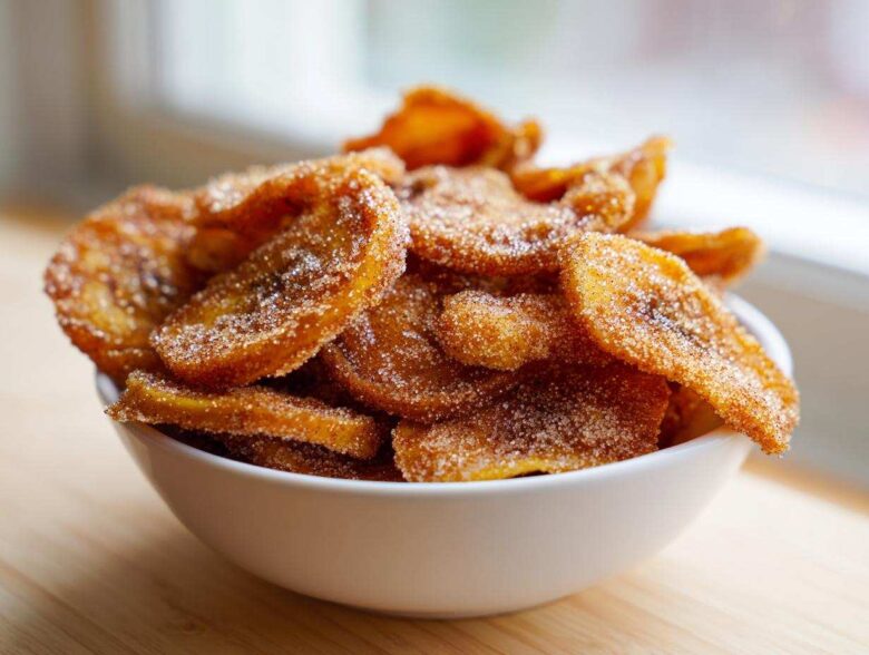A white bowl filled with crispy Cinnamon Sugar Air Fryer Banana Chips, coated heavily in sparkling sugar.