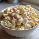 A close-up of a white bowl filled with creamy Classic Homemade Macaroni Salad containing elbow pasta, chopped red onion, celery, and hard-boiled egg.