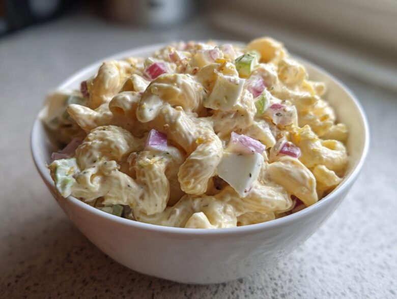 A close-up of a white bowl filled with creamy Classic Homemade Macaroni Salad containing elbow pasta, chopped red onion, celery, and hard-boiled egg.