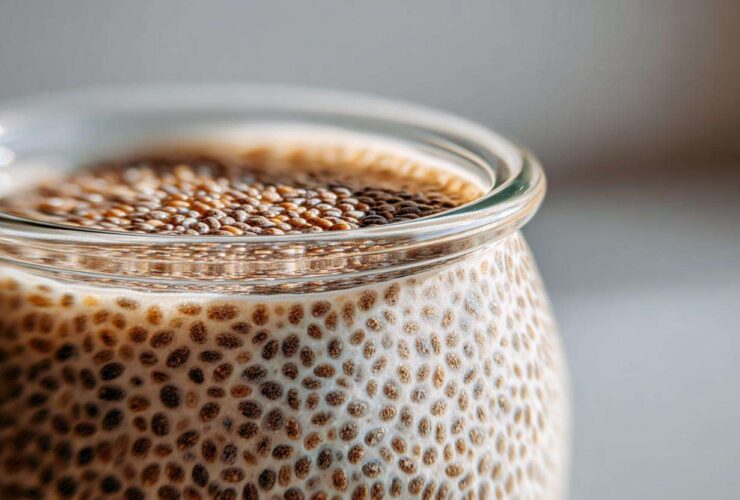 Macro shot showing the gelatinous texture of prepared Chia Pudding with visible chia seeds soaking in milk.