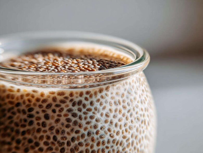Macro shot showing the gelatinous texture of prepared Chia Pudding with visible chia seeds soaking in milk.