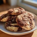 A stack of freshly baked Coffee Marble Cookies with distinct light and dark swirls, resting on a white plate.