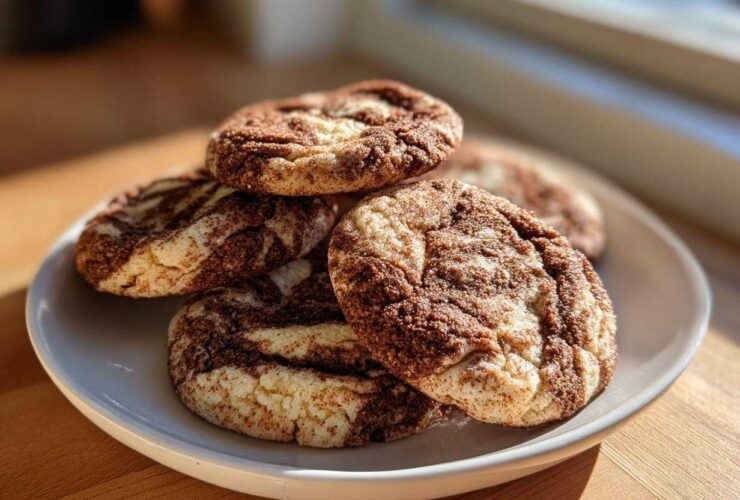 A stack of freshly baked Coffee Marble Cookies with distinct light and dark swirls, resting on a white plate.