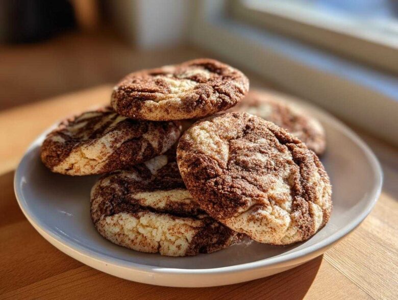 A stack of freshly baked Coffee Marble Cookies with distinct light and dark swirls, resting on a white plate.