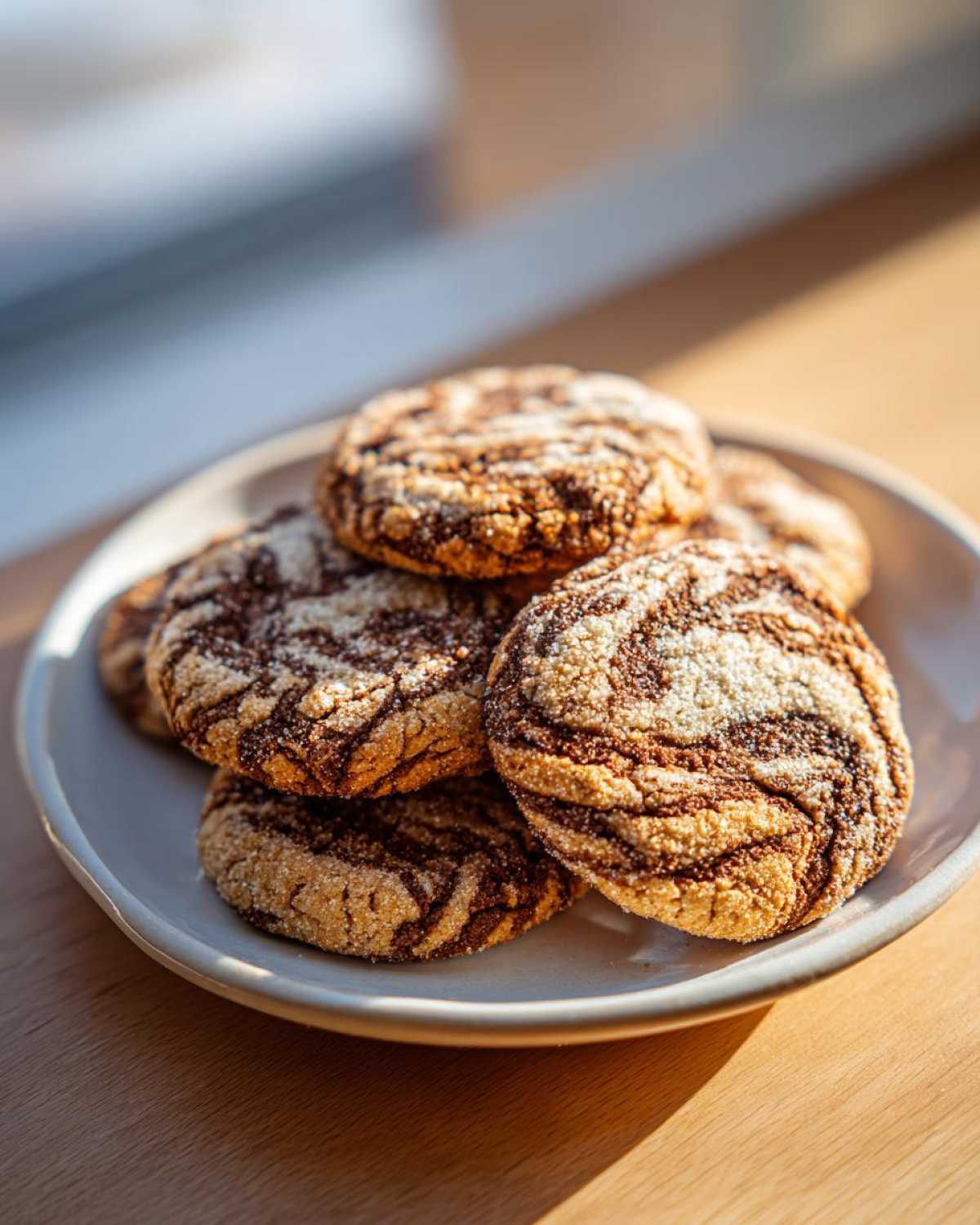 A stack of freshly baked Coffee Marble Cookies with distinct dark and light swirls, coated in sugar, resting on a light plate.