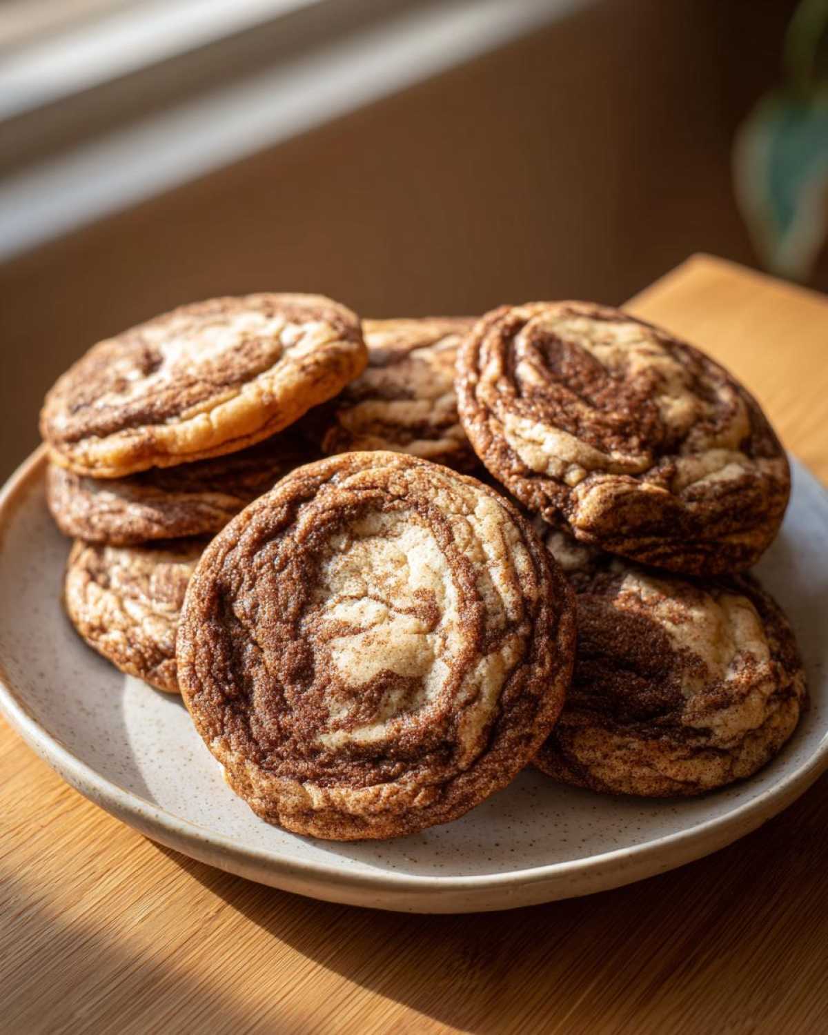A stack of freshly baked Coffee Marble Cookies featuring rich brown and light swirls on a speckled ceramic plate.