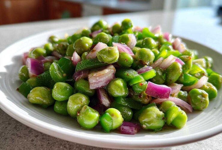 Close-up of a bright, glossy Cold Southern Pea Salad featuring green peas, diced red onion, and green peppers on a white plate.