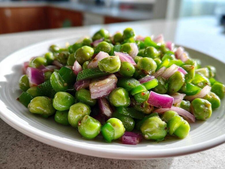 Close-up of a bright, glossy Cold Southern Pea Salad featuring green peas, diced red onion, and green peppers on a white plate.