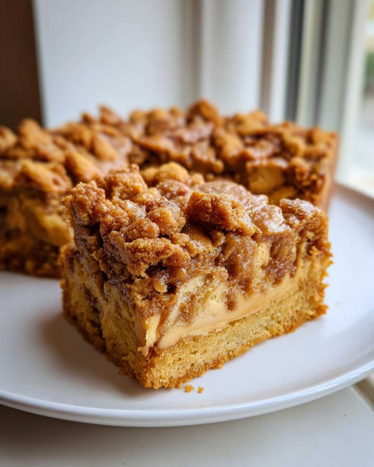 A thick square of Cookie Butter Biscoff Blondies with a crumbly topping, served on a white plate.