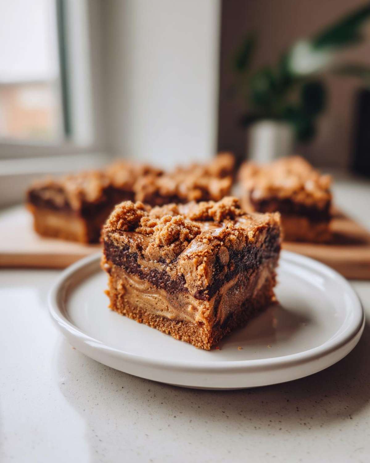 A thick, layered square of Cookie Butter Biscoff Blondies with a crumbly topping served on a white plate.