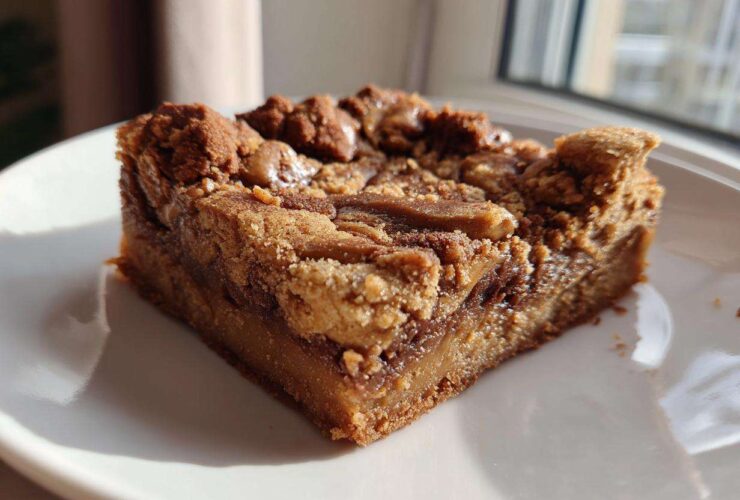 A thick, square slice of rich Cookie Butter Biscoff Blondies with a gooey center and crumbly topping, served on a white plate.