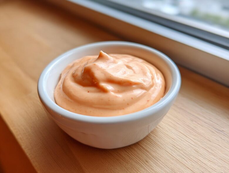 Close-up of creamy, orange-hued copycat Raising Cane's Sauce swirled in a small white dipping bowl.