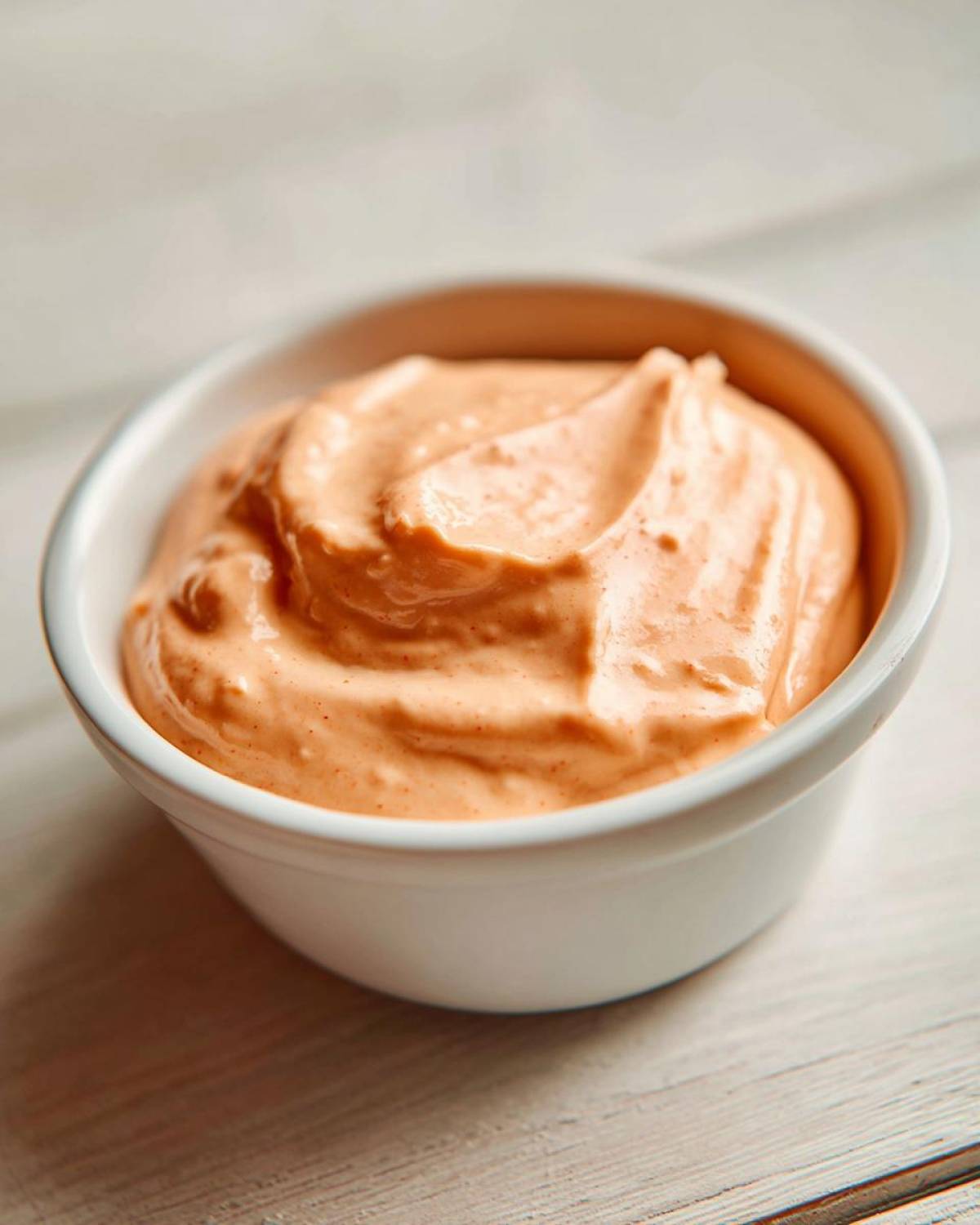Close-up of creamy, orange-tinted copycat Raising Cane's Sauce served in a small white ramekin on a light wooden surface.