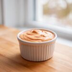 A close-up of creamy, orange-pink copycat Raising Cane's Sauce served in a small white fluted ramekin.