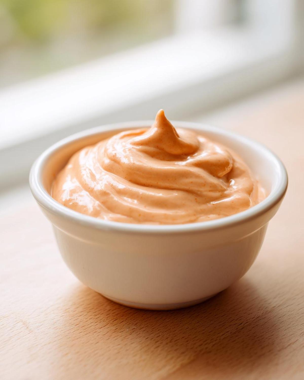 A small white bowl filled with creamy, orange-hued copycat Raising Cane's Sauce, piped into a swirl.