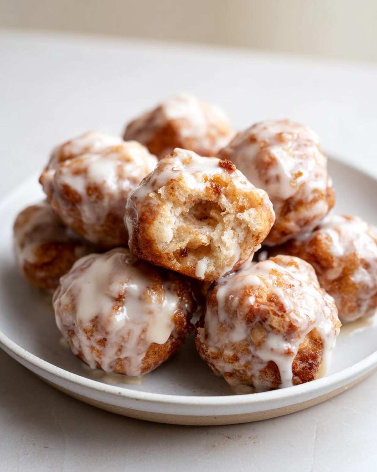 A stack of glazed Cozy Apple Fritter Bites Mini Donut Holes on a white plate, one bitten open.