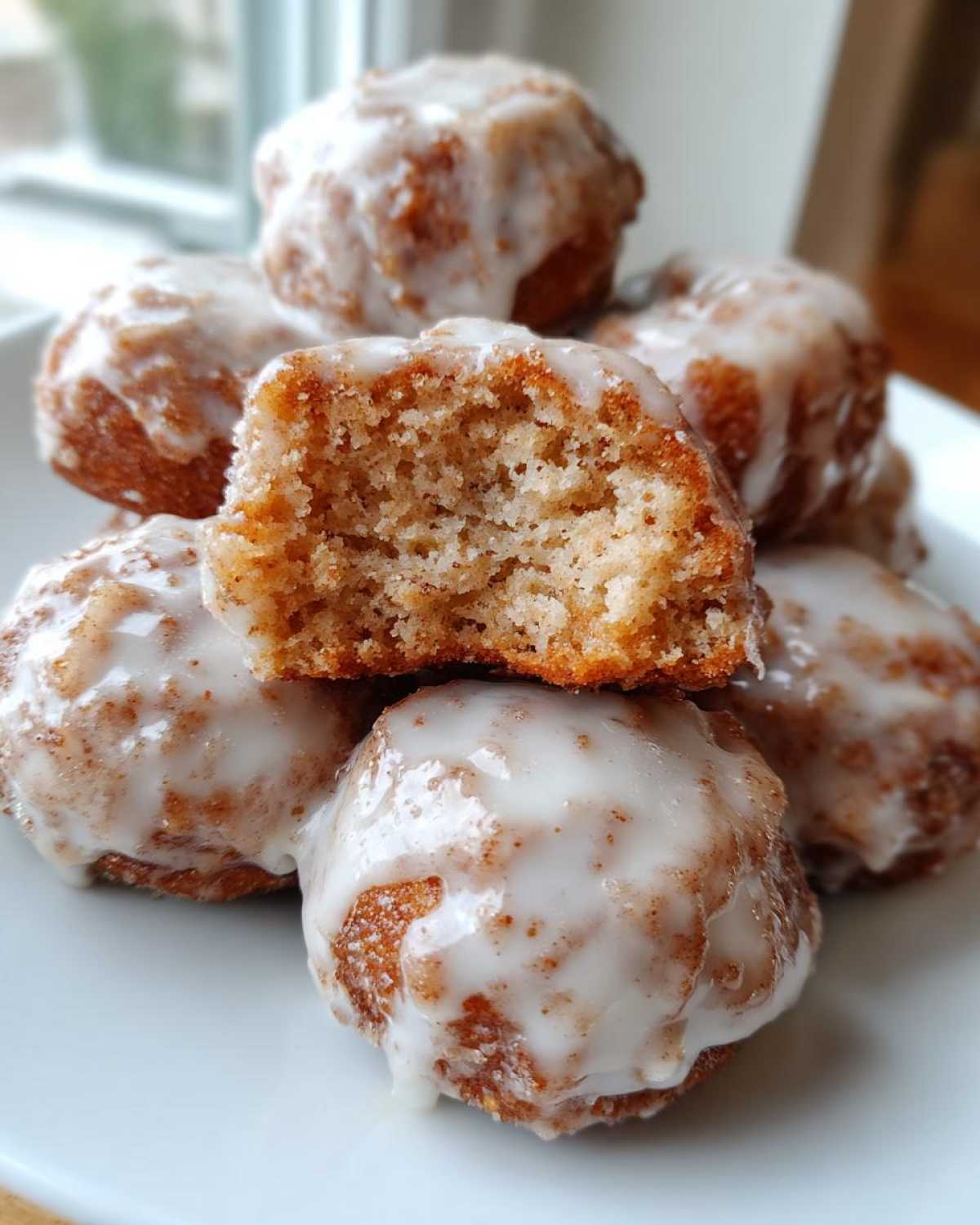 Close-up of several Cozy Apple Fritter Bites Mini Donut Holes stacked, one cut open showing the soft interior and thick white glaze.