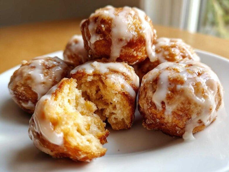 Close-up of several Cozy Apple Fritter Bites Mini Donut Holes drizzled with white glaze, one is broken open showing the soft interior.