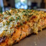 Close-up of a perfectly cooked Baked Marry Me Salmon fillet topped with a creamy, golden-brown sauce and fresh parsley.