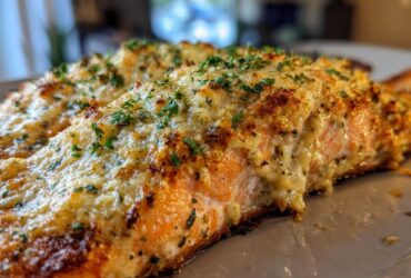 Close-up of a perfectly cooked Baked Marry Me Salmon fillet topped with a creamy, golden-brown sauce and fresh parsley.
