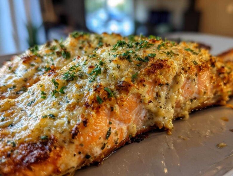 Close-up of a perfectly cooked Baked Marry Me Salmon fillet topped with a creamy, golden-brown sauce and fresh parsley.