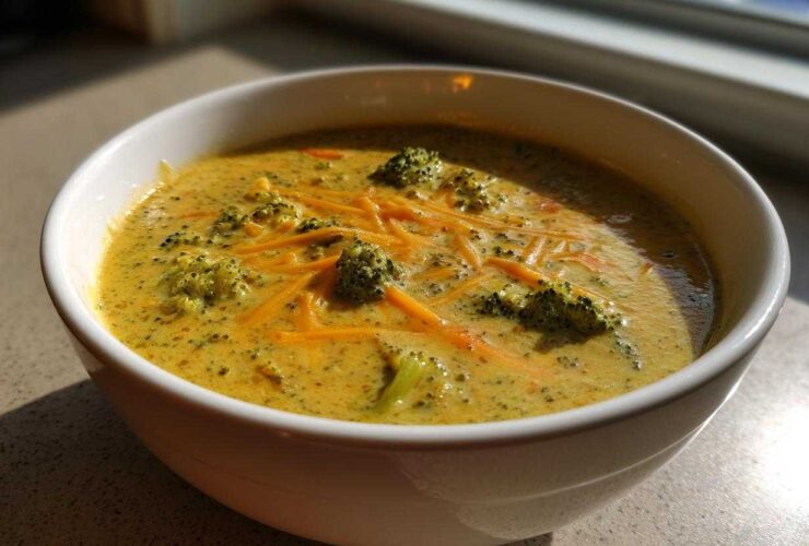 A close-up of a white bowl filled with creamy Broccoli and Cheddar Soup, topped with shredded cheese and broccoli florets.