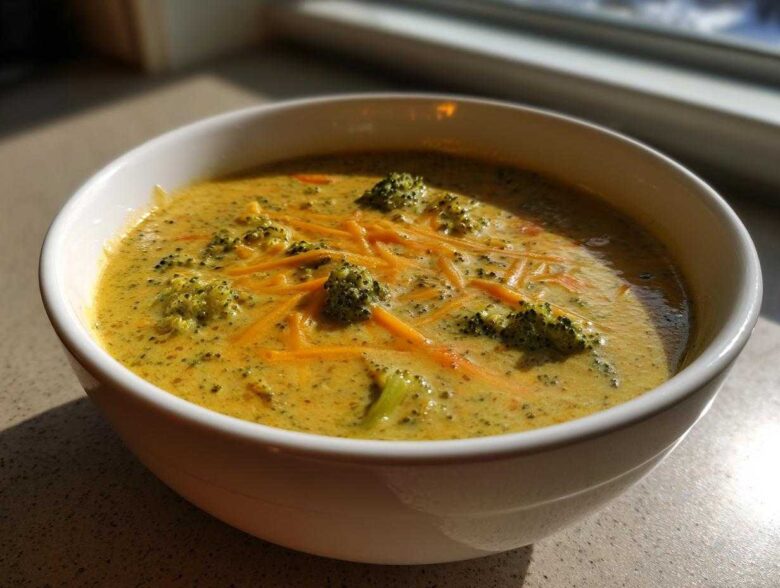 A close-up of a white bowl filled with creamy Broccoli and Cheddar Soup, topped with shredded cheese and broccoli florets.