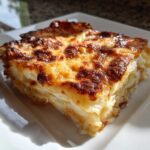 A close-up of a golden-brown, cheesy slice of Creamy Cheesy Scalloped Potatoes Made 1 on a white plate.
