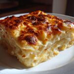 A square slice of rich, layered Creamy Cheesy Scalloped Potatoes Made 1 with a golden-brown, bubbly cheese crust.