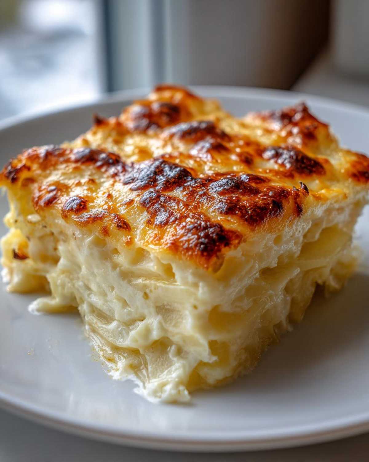 A close-up of a square serving of Creamy Cheesy Scalloped Potatoes Made 1 with a deeply browned, bubbly cheese crust.