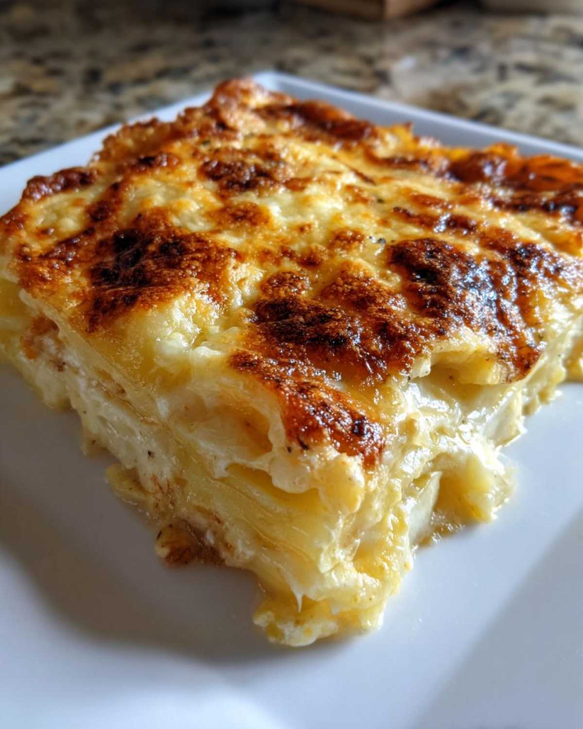 A close-up of a golden-brown slice of Creamy Cheesy Scalloped Potatoes Made 1 on a white plate.