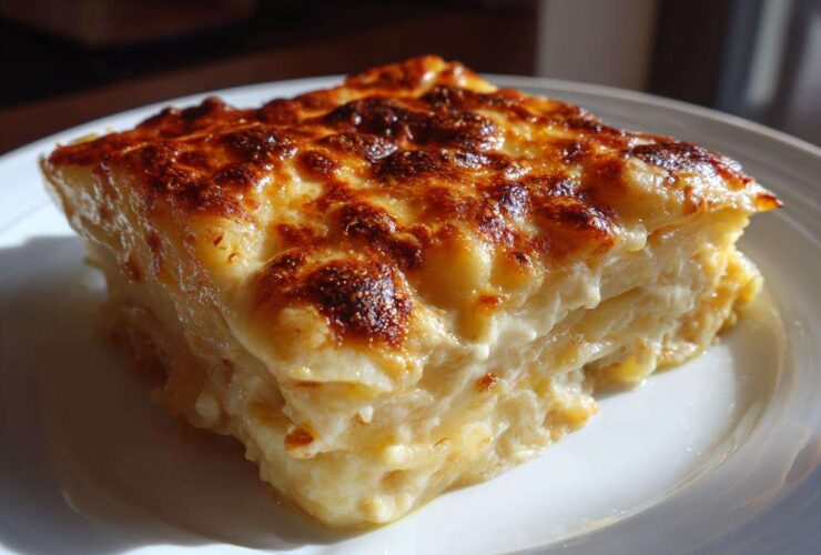 A square slice of rich, layered Creamy Cheesy Scalloped Potatoes Made 1 with a golden-brown, bubbly cheese crust.
