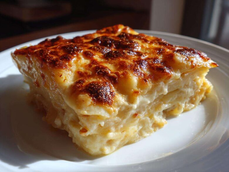 A square slice of rich, layered Creamy Cheesy Scalloped Potatoes Made 1 with a golden-brown, bubbly cheese crust.