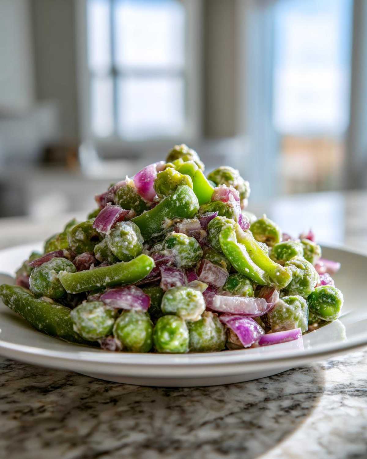 A mound of creamy Cold Southern Pea Salad featuring green peas, bright red onion, and green pepper slices on a white plate.
