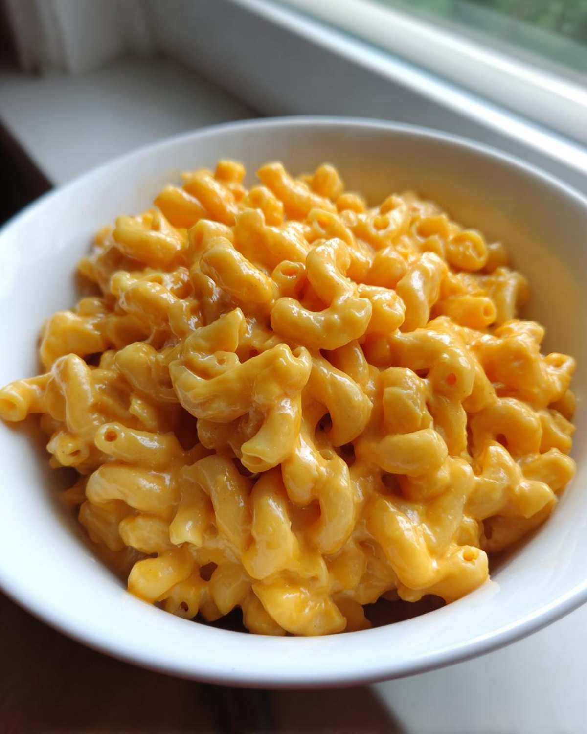 A close-up of creamy, bright orange Copycat Chick-fil-A Mac and Cheese served in a white bowl near a window.