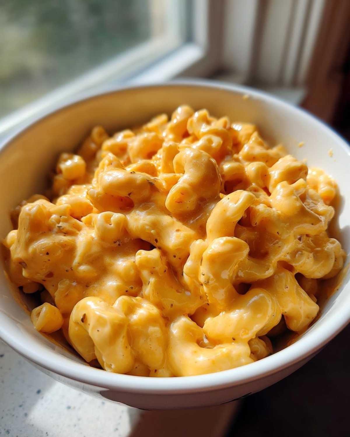 Close-up of creamy, cheesy Copycat Chick-fil-A Mac and Cheese served in a white bowl near a window.