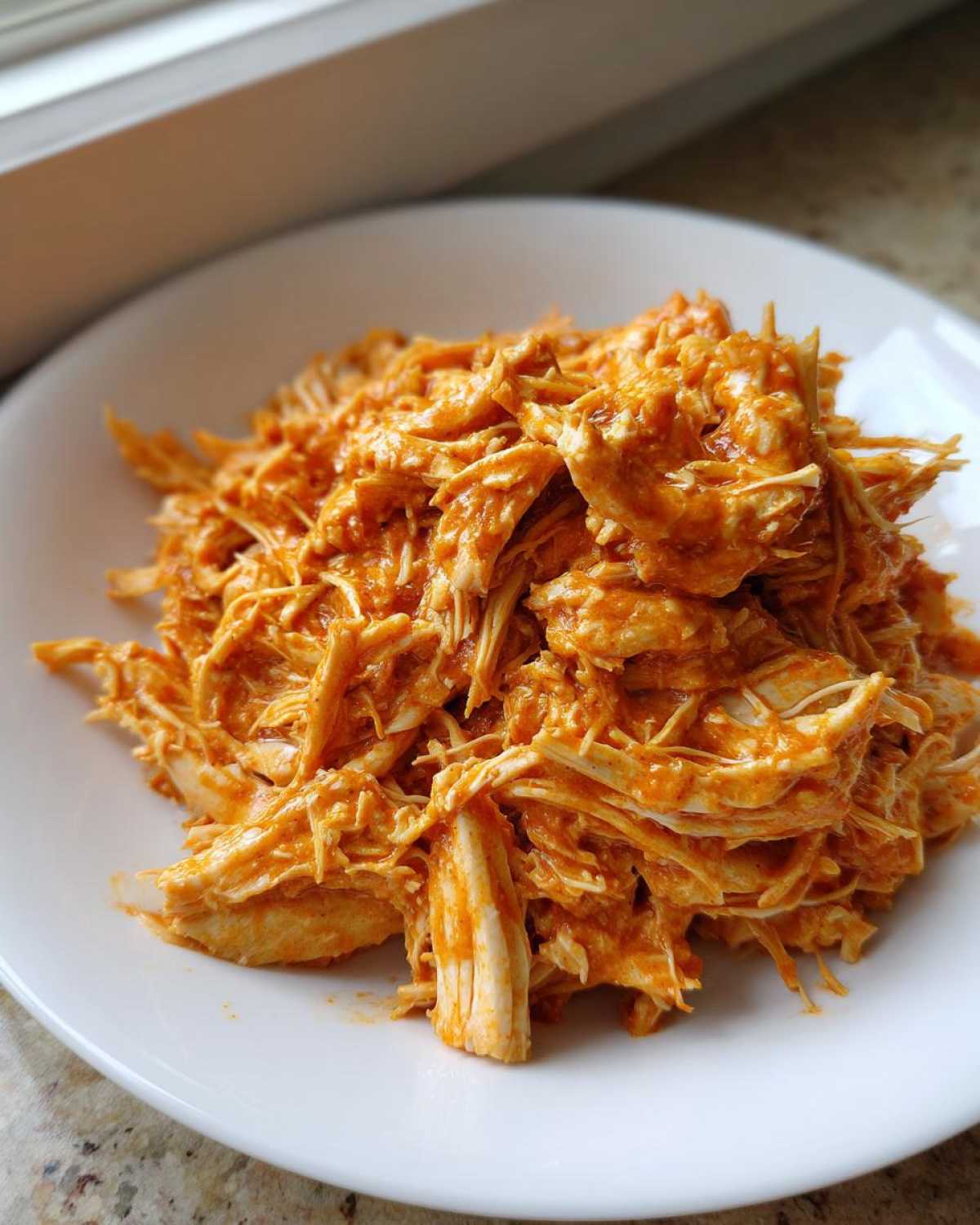 A close-up of shredded chicken coated in a creamy orange sauce, representing Creamy Crockpot Cajun Butter Chicken, served on a white plate.